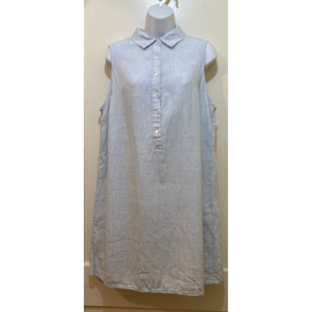 Tahari 100% Linen Shirt Dress Pinstripe Blue White Women 1X Coastal Resort Vacay